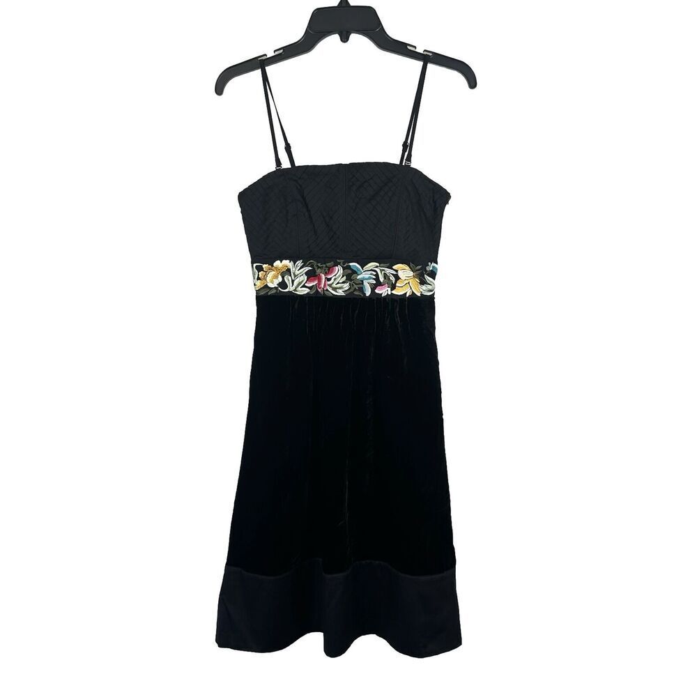 Anthropologie Floreat Dress Womens 0 Strapless Floral Embroidered Black Velvet